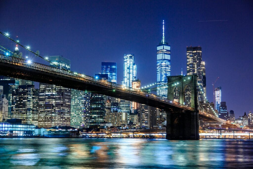 A night view of the Brooklyn Bridge linking Manhattan, part of our New York to Florida road trip